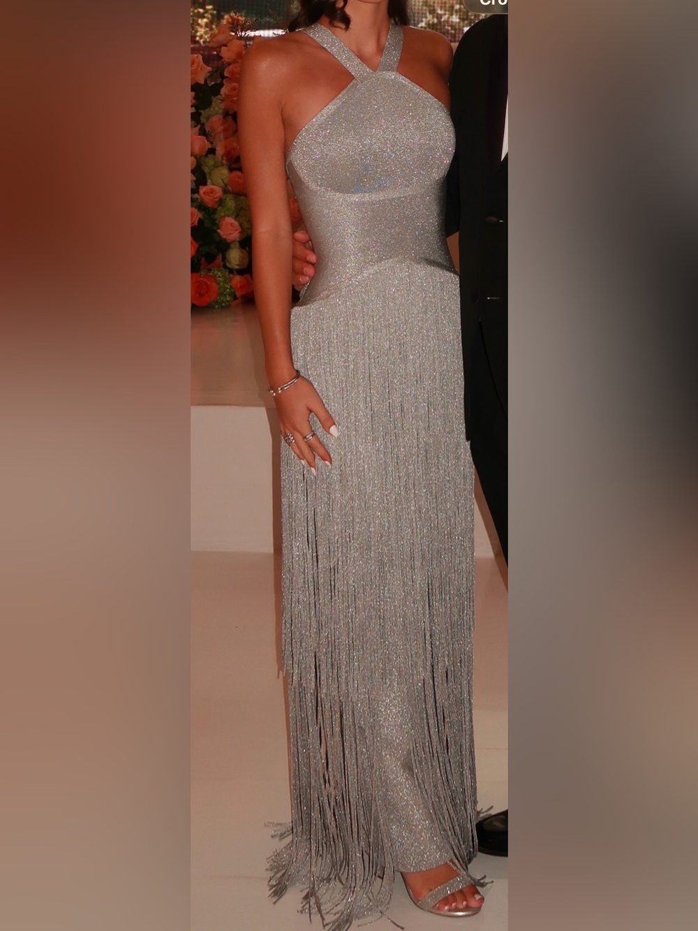 Herve Leger Silver Metallic Fringe Maxi Dress